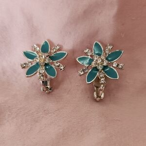 Elegant Floral Teal and Silver Clip Earrings